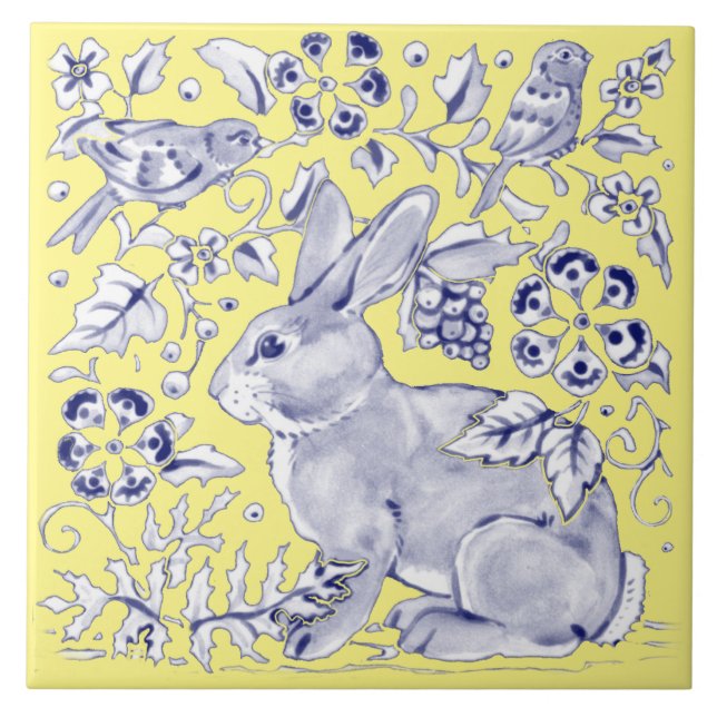Cobalt Blue Yellow Rabbit Bird Woodland Floral Tile (Front)