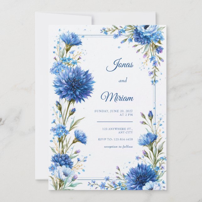 Cobalt Cornflower Botanical Wedding Invitation (Front)