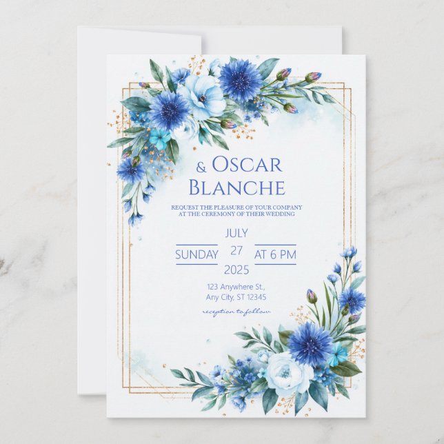 Cobalt Cornflower Watercolor Wedding Invitation (Front)