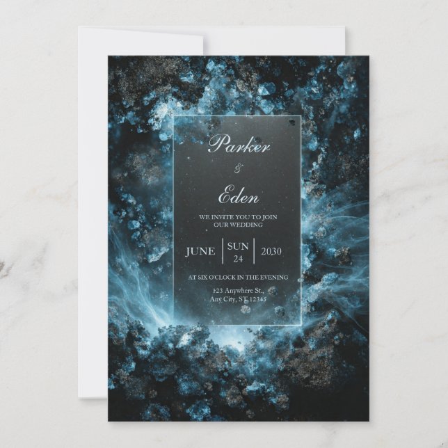 Cobalt Crystal Nebula Glowing Frame Wedding Invitation (Front)