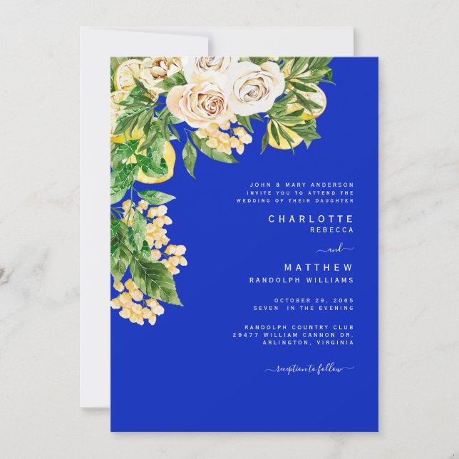 Cobalt Floral Lemon Bride Parents Tropical Wedding Invitation (Front)