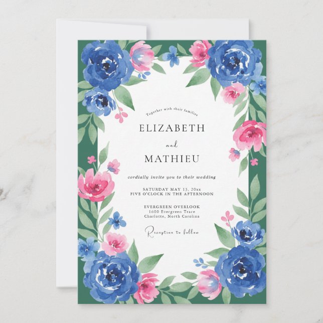 Cobalt Fuchsia Leafy Wedding Invitation (Front)
