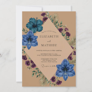 Cobalt Hibiscus Tan Eucalyptus Wedding Invitation