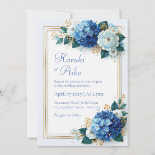 Cobalt Hydrangea Gilded Floral Frame Wedding Invitation