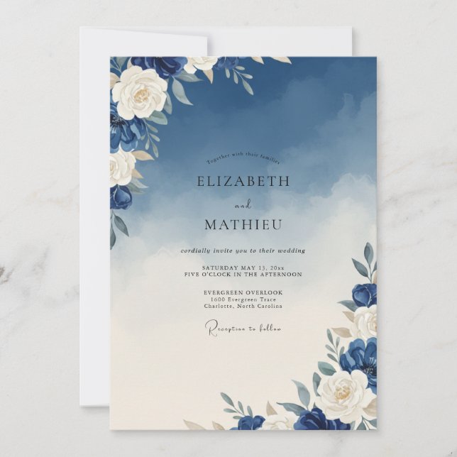 Cobalt Ivory Painted Wedding Invitation (Front)
