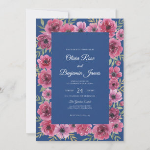 Cobalt Magenta Garland Wedding Invitation