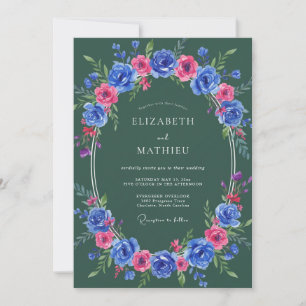 Cobalt Magenta Wreath Wedding Invitation