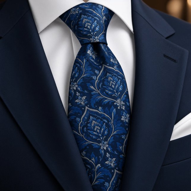 Cobalt Midnight Blue Silver Damask  Tie (Creator Uploaded)