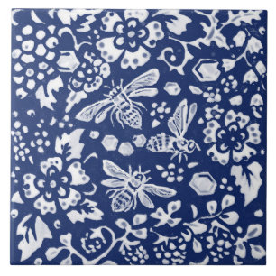 Cobalt Navy Blue Cobalt Bee Beehive Floral Animal Tile