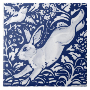 Cobalt Navy Blue Rabbit Bird Dedham Delft Morris  Tile