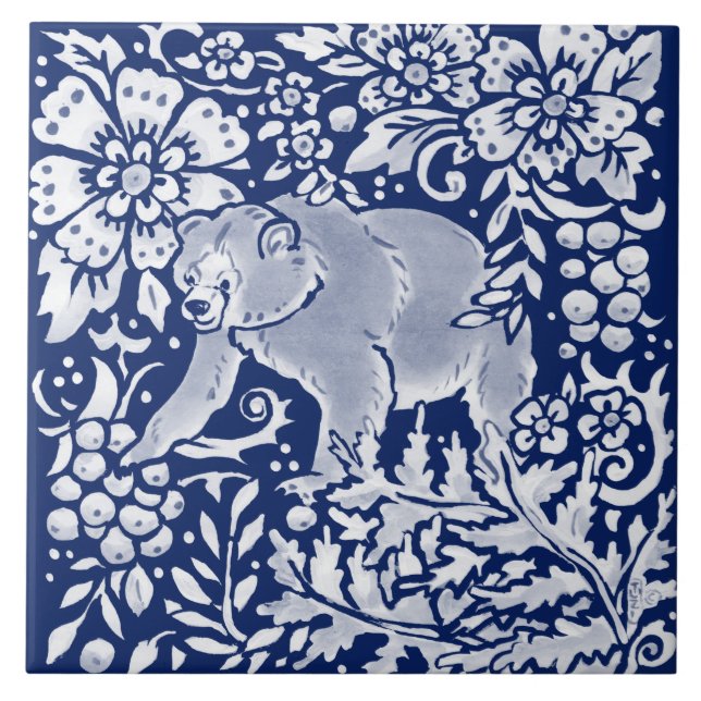 Cobalt Navy Blue Woodland Animal Bear Forest Tile (Front)