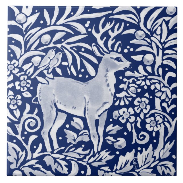 Cobalt Navy Blue Woodland Animal Deer Bird Floral Tile (Front)