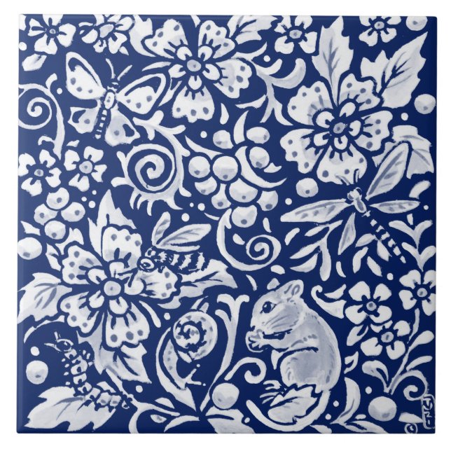 Cobalt Navy Blue Woodland Animal Mouse Bee Insect Tile (Front)