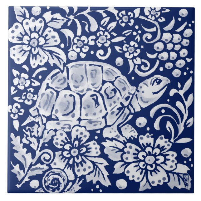 Cobalt Navy Blue Woodland Turtle Snail Floral  Tile (Front)