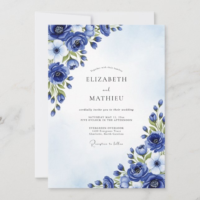 Cobalt Painterly Blossom Wedding Invitation (Front)