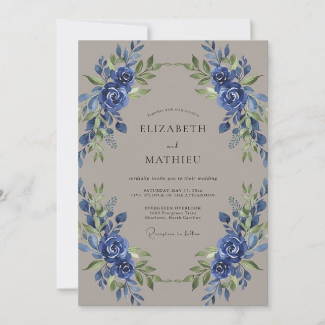 Cobalt Rose Taupe Wedding Invitation (Front)