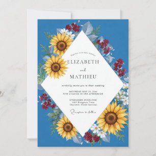 Cobalt Sunflower Daisy Eucalyptus Wedding Invitation