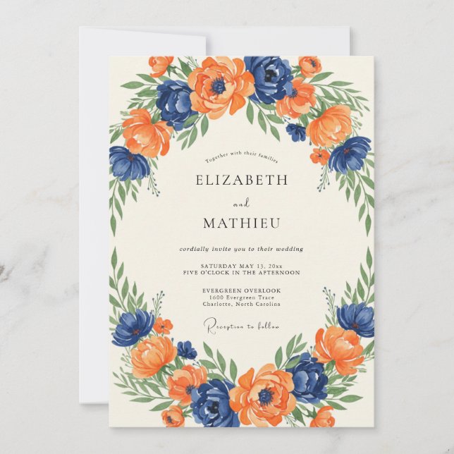 Cobalt Tangerine Petal Wedding Invitation (Front)
