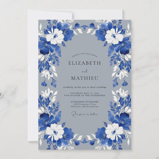 Cobalt White Wreath Wedding Invitation (Front)