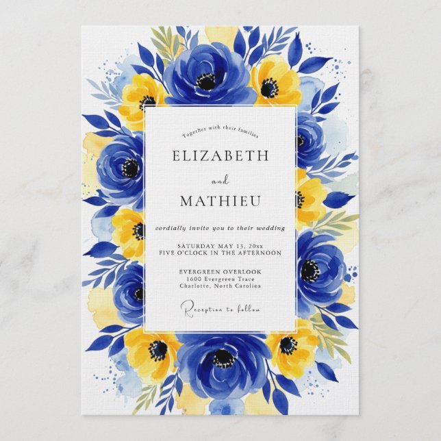 Cobalt Yellow Floral Bloom Wedding Invitation (Front)