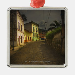 Cobblestone Road & Yellow Buildings in Mexico Metal Tree Decoration