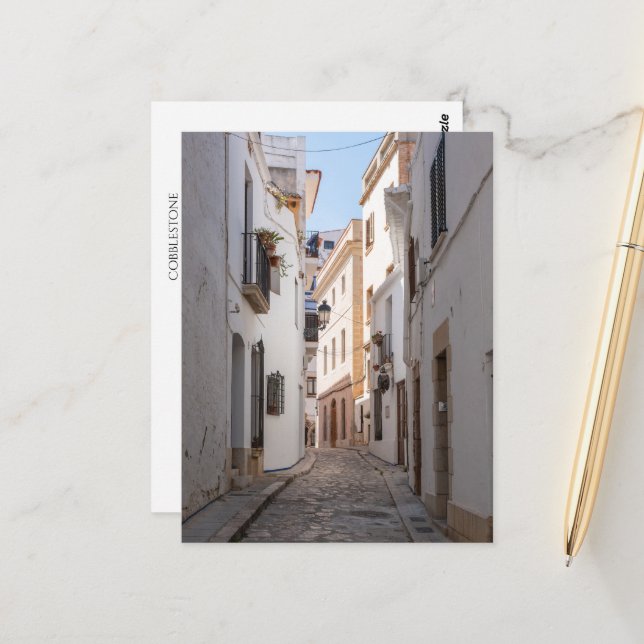 Cobblestone Street in Spain – Vintage Europe Postcard (Front/Back In Situ)