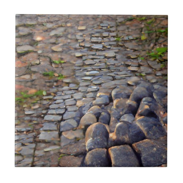 Cobblestones grey grass in cracks graphic art  tile (Front)