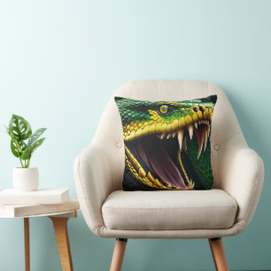 Cobra snake with vibrant green and yellow scales cushion