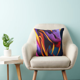 Cobra snake with vibrant orange and purple scales cushion