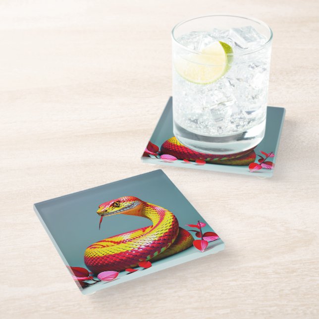 Cobra snake with vibrant red and yellow scales  glass coaster (Angled)