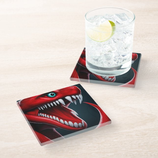 Cobra snake with vibrant red scales and blue eyes glass coaster (Angled)
