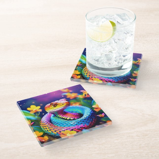 Cobra snake with vibrant turquoise pink and yellow glass coaster (Angled)