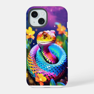 Cobra snake with vibrant turquoise pink and yellow iPhone 15 case