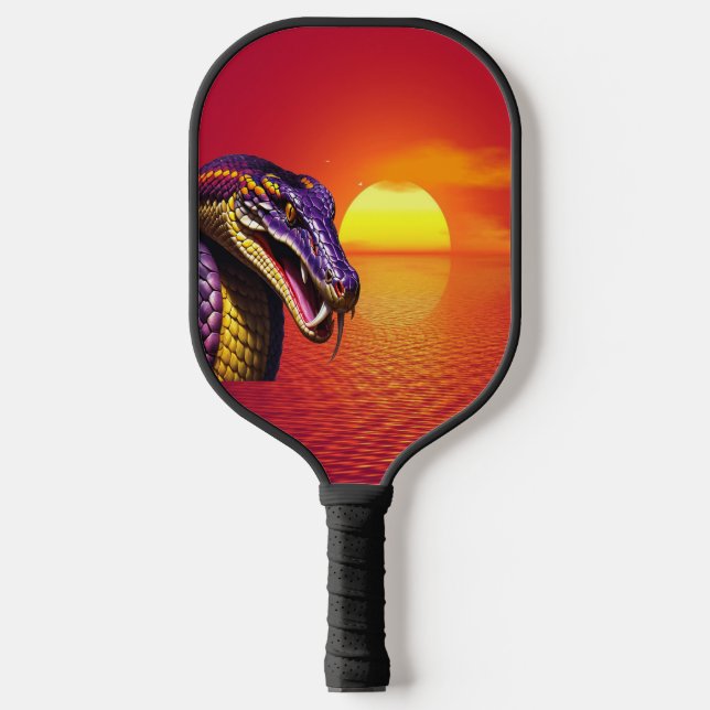 Cobra snake with vvibrant purple and yellow scales pickleball paddle (Front)