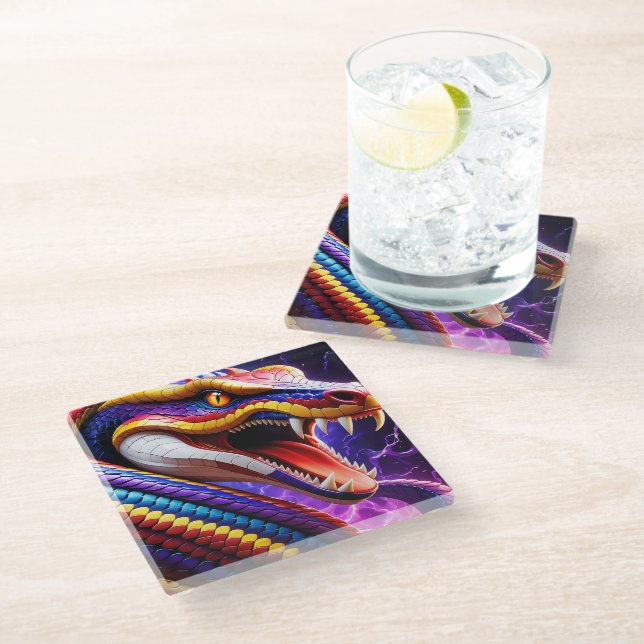 Cobra vibrant red blue and yellow scales  glass coaster (Angled)