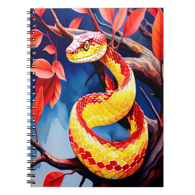 Cobra with vibrant red and yellow scales in tree notebook (Front)