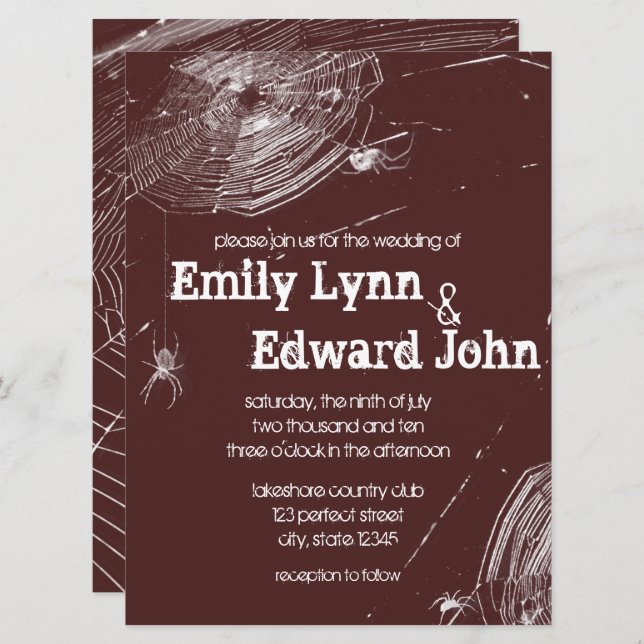 Cobwebs and White Spiders Wedding Invitation (Front/Back)