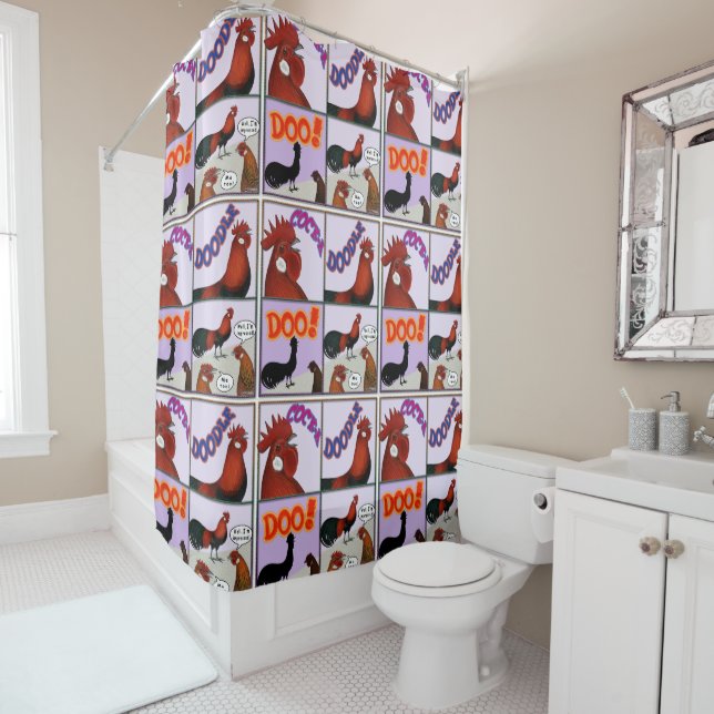 Cock-A-Doodle-Doo! Shower Curtain (In Situ)