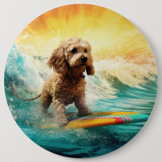 Cockapoo Beach Surfing Painting  6 Cm Round Badge (Front)