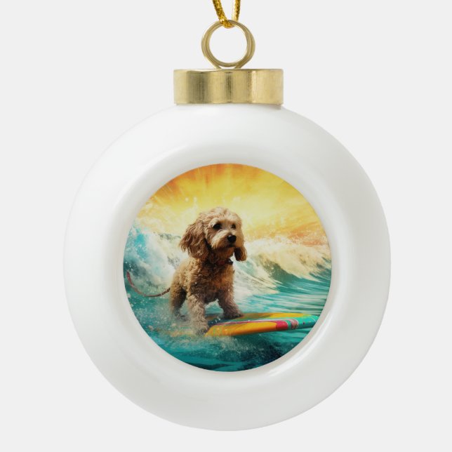 Cockapoo Beach Surfing Painting  Ceramic Ball Christmas Ornament (Front)