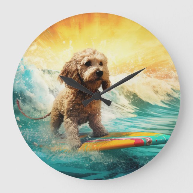 Cockapoo Beach Surfing Painting  Large Clock (Front)