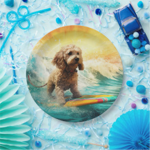 Cockapoo Beach Surfing Painting Paper Plate