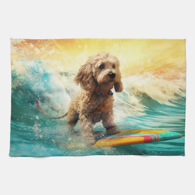 Cockapoo Beach Surfing Painting  Tea Towel (Horizontal)