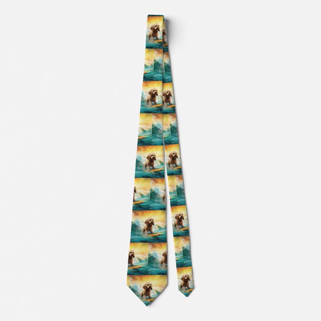 Cockapoo Beach Surfing Painting  Tie (Front)