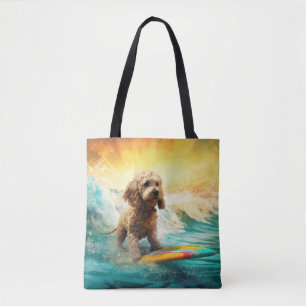 Cockapoo Beach Surfing Painting Tote Bag