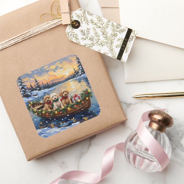 Cockapoo Christmas Boat Holiday Square Sticker (Gifting)