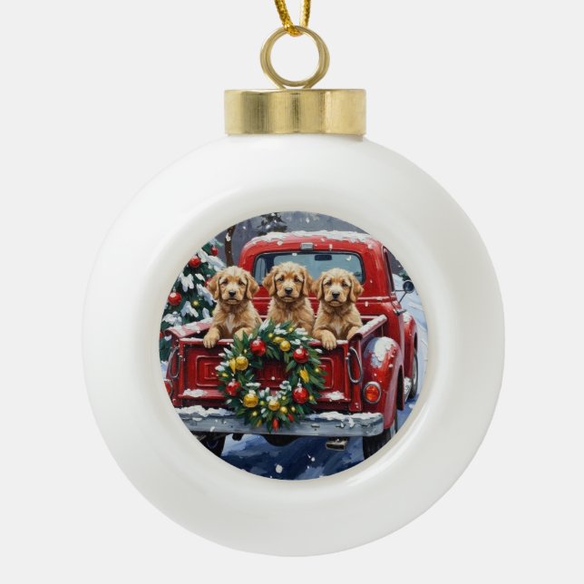 Cockapoo Christmas Red Truck Holiday Ceramic Ball Christmas Ornament (Front)
