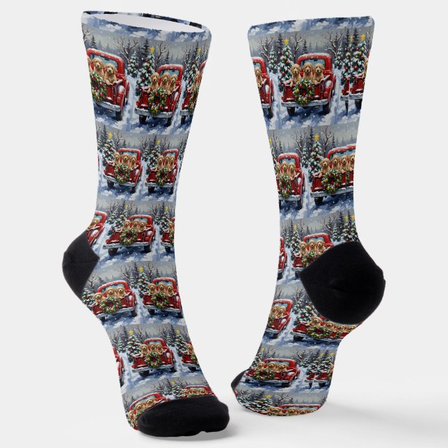 Cockapoo Christmas Red Truck Holiday Socks (Angled)