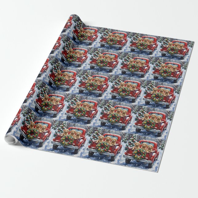 Cockapoo Christmas Red Truck Holiday Wrapping Paper (Unrolled)