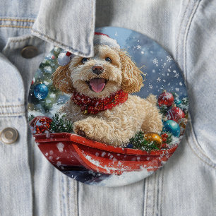 Cockapoo Dog in Sledge Let it Snow Christmas 6 Cm Round Badge